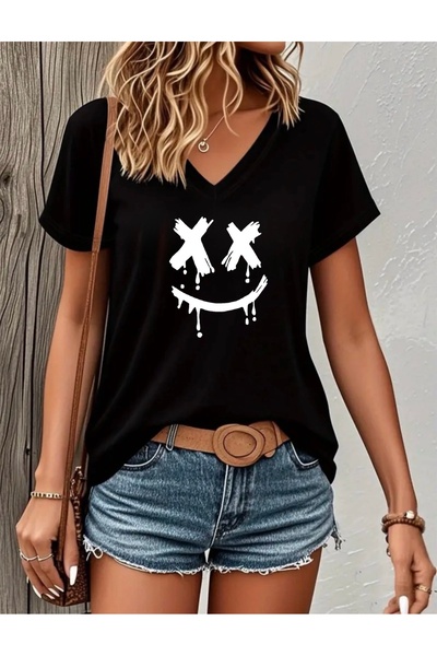 FUFLUNS Smiling Face Printed Women's Oversize V-Neck T-Shirt