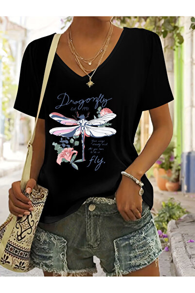 mercoledi Flower Printed Regular Relaxed Fit V-Neck T-Shirt