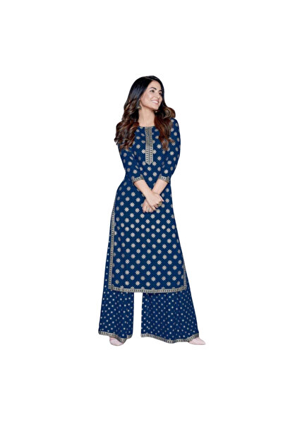 MYSMAR Blue Rayon Print Kurti & Plazzo Set - HRT5963 | Blue