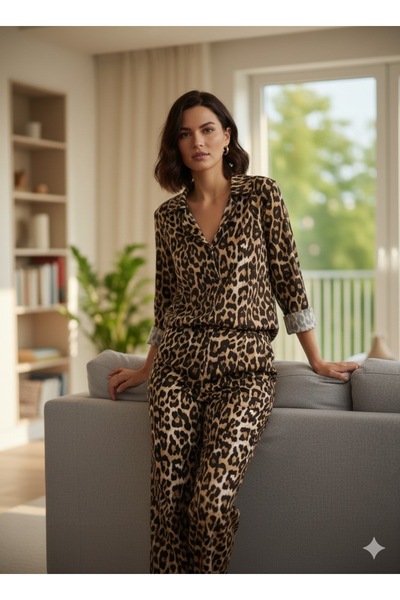 Mavera Miss Leopar desenli önden iliklemeli süet pijama takımı