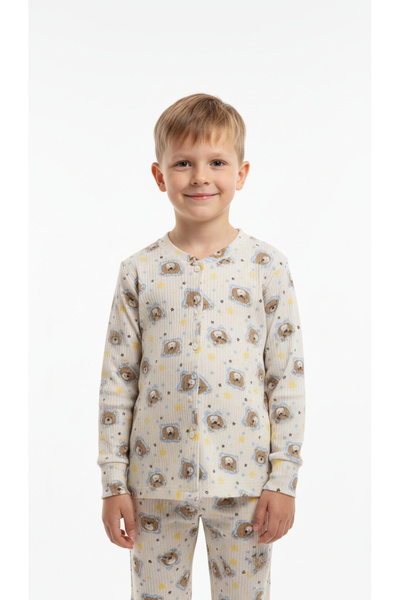 GUM GUM KİDS طقم بيجامة من القطن 100% قماش مجدّل إنترلوك بيج تيدي بير B مطبوع