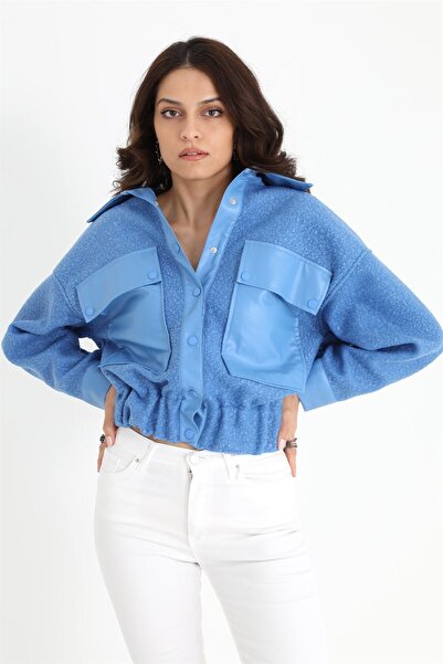 VELİZADE Women's Blue Polo Neck Short Model Jacket Plush Detailed Crop Cut Wi...