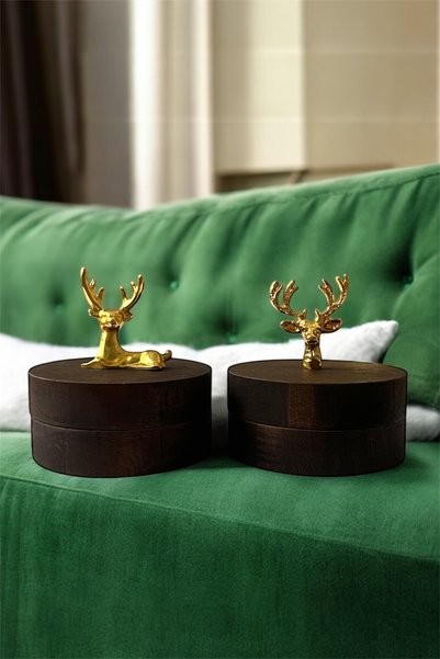 GİSVOL Set of 2 Wooden Deer with Covers and Metal Container Decorative Odorless Ashtray Table Ashtray Dark Gold Deer2