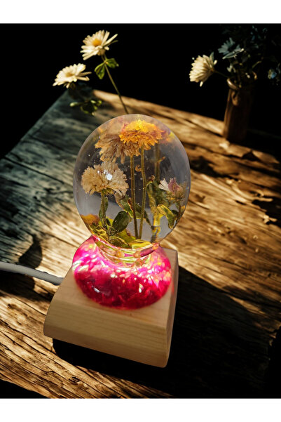 epoksiresinart Epoksi Kurutulmuş Çiçek Tasarımlı Gece Lambası