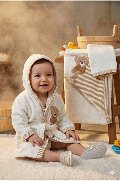 ZEYNUKO Baby Boy Teddy Bear Bathrobe Set 4 Pieces Bathrobe Set with Box