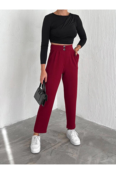 ZENGEZUR MALL Sptrns Knitted Crepe Trousers Double Button Claret Red (193631)...