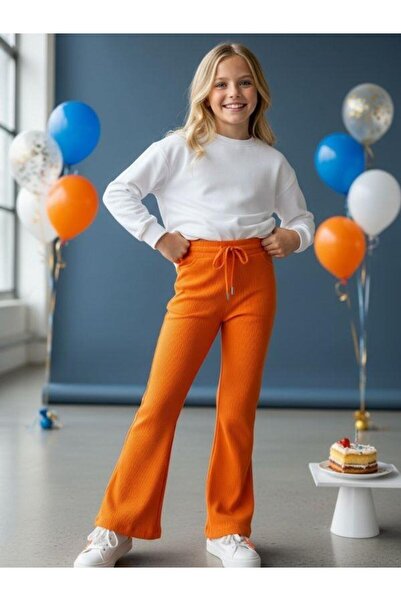 Zekids Girl's Cotton Corded Fabric Elastic Waist Flared Sweatpants