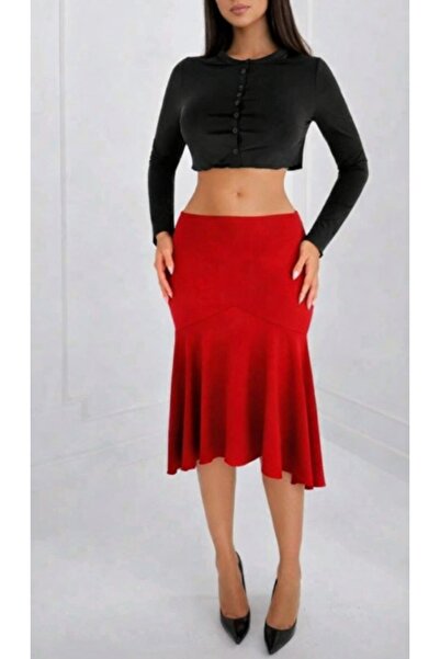 MAROVOAY Fusta sport din lycra, roșie, cu tiv drapat, lungime midi