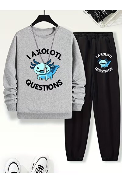 Massgai Unisex Axolotl Printed Crew Neck Oversized Bottom-Top Jogger Cotton T...