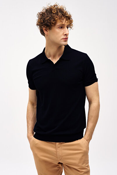 İgs Black Slim Fit Slim Fit Polo Neck Plain Short Sleeve Knitwear T-Shirt