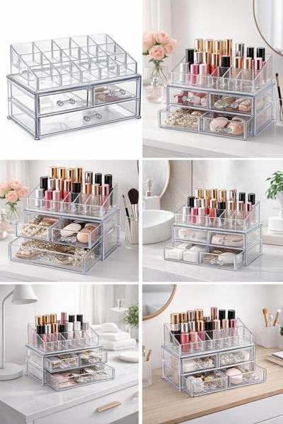 Bee Home Oje ve Ruj Organizeri 18 Bölmeli Şeffaf Makyaj Düzenleyici Çekmeceli...