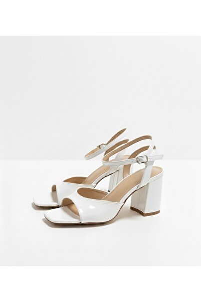 İZCE MODA Women's Heeled Sandals with Ankle Straps, White Patent Leather