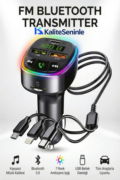 KALİTESENİNLE Fm Transmitter Bluetooth AraçKiti Araç USB Type-C MP3 SD Kart F...