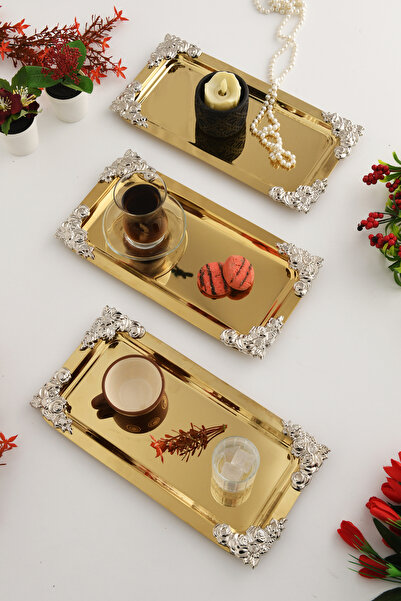 AKSESUAR EVRENİ Molisi Gold 3-Piece Silver Ornament Detailed Boat-Shaped Coff...