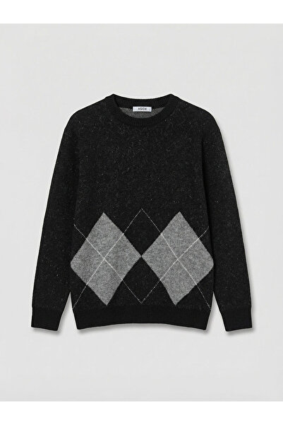 LC Waikiki Anthracite Crew Neck Argyle Patterned Men's Knitwear Sweater