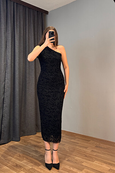 Sorridi Tek Omuz Çiçek İşlemeli Drapeli Yırtmaçsız Elbise