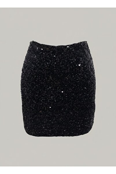 AURA Si̇lva Pul Beaded Detail Velvet Mini Skirt