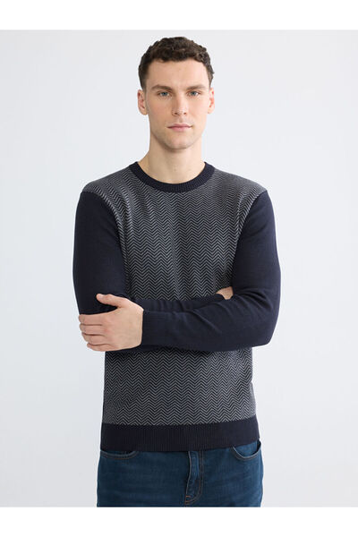 LC Waikiki Navy Blue Crew Neck Patterned Men's Knitwear Sweater