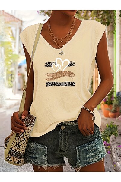 mercoledi Women's Sleeveless V-Neck Printed Relaxed Fit Loose T-Shirt