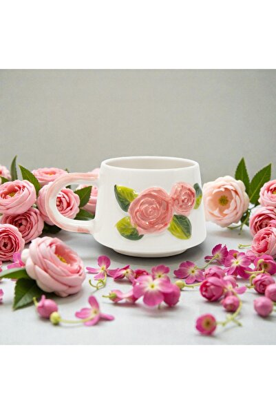 İlbay Çini Takı Embossed Pink Color Rose Mug Cup