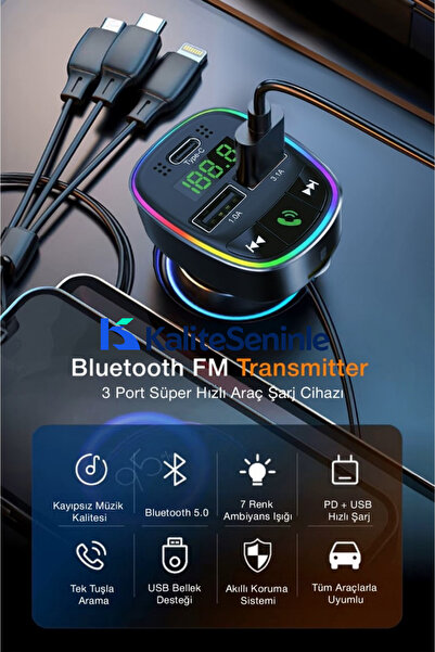 KALİTESENİNLE Fm Transmitter Bluetooth AraçKiti Araç USB Type-C MP3 SD Kart F...