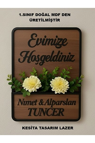 kesita TASARIM Kişiye Özel Ahşap ve MDF Yazılı 20x30 cm Yapay Çiçekli Kapı Süsü