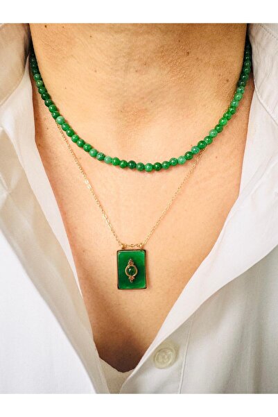 DEVİ fashion Akik Doğal Taş Çelik Zincir Kombin Kolye 45 cm