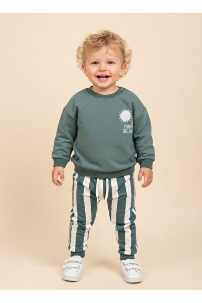 BEBENDY Embroidery Detailed Sweatshirt Stripe Printed Pants Oversized Baby Bo...