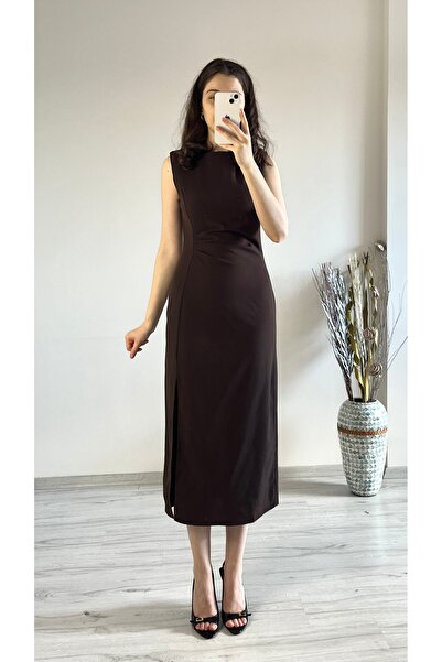 Aspendia Women's Shoulder Pad Layered Pleated Slit Brown Sleeveless Midi Dress