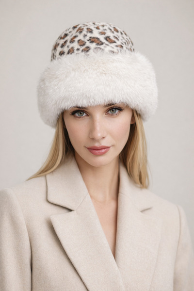 Şirin Giyim Aksesuar قبعة فرو الفهد المخملية - حواف مخملية وفرو علوي من الصوف...