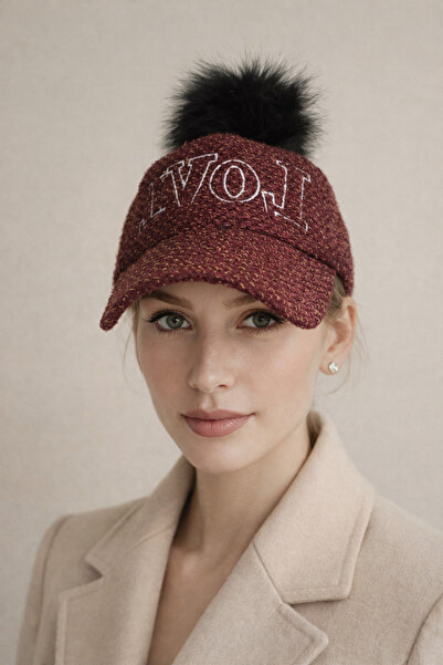 Şirin Giyim Aksesuar Pălărie de damă bordeaux cu pompon - Textură de lână, br...