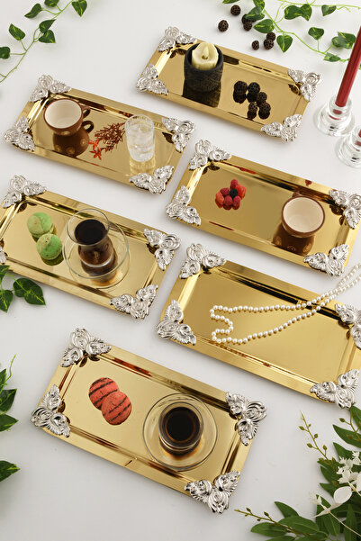 AKSESUAR EVRENİ Foldosi Gold 6-Piece Silver Ornament Detailed Kayak Coffee Pr...