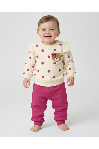 voyyo kids baby طقم علوي وسفلي للفتيات الصغيرات مطرز عليه دمية دب منقطة مقاس ...