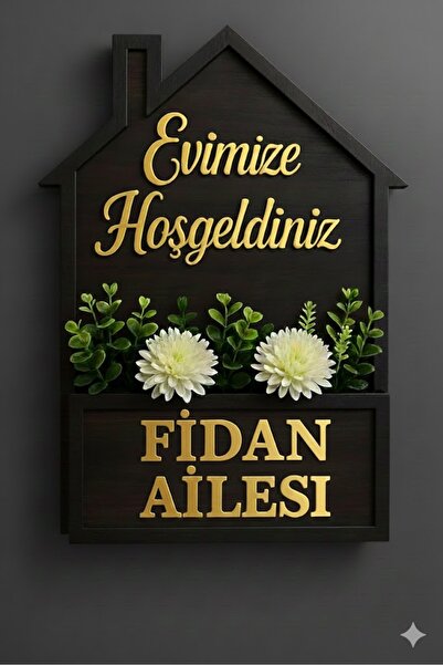 kesita TASARIM Kişiye Özel EV Ahşap ve GOLD Pleksi Yazılı 25x30 cm Yapay Çiçe...