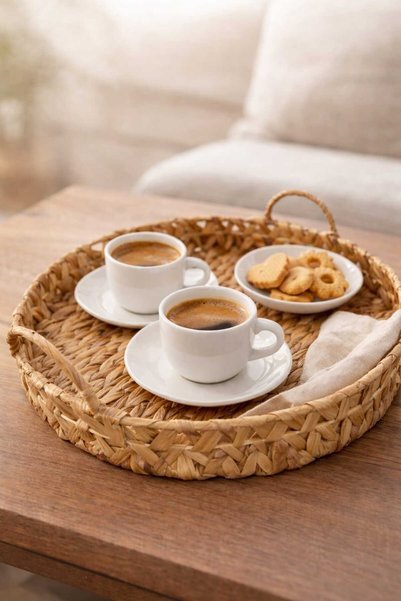 Dekorasyaa Wicker Round Serving and Presentation Tray with Handles - 30X6Cm - Home Kitchen Organizer
