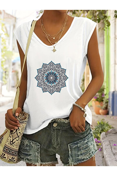 mercoledi Women's Printed V-Neck Sleeveless Relaxed Cut Salas T-Shirt