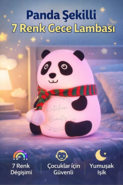 Kitchen Beauty Panda Şekilli 7 Renk Değiştiren Silikon Gece Lambası 3 Kademel...