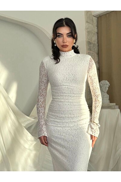 Dilek Vardar Kadın Dantel Uzun Kollu Balıkçı Yaka Beyaz Elbise