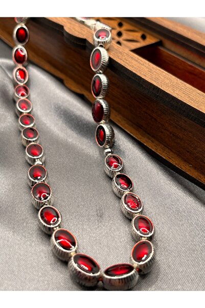 Asdomias Kırmızı Mine Benzetme Detaylı Metal Tesbih (Ağır)– Ahşap tesbih kutu...