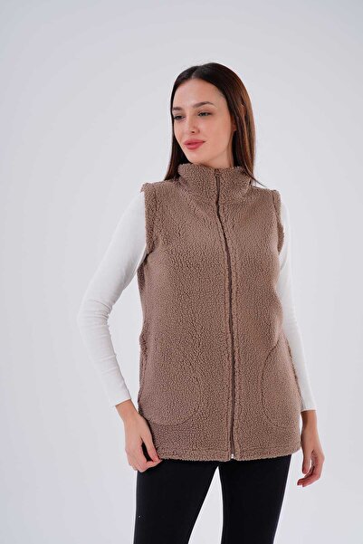 EtkiModa Women's Mink Mock Neck Zippered Fleece Vest