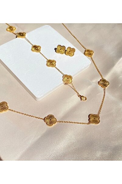 Şöhret takı&aksesuar GOLD taşlı yonca kadın model ( KOLYE BİLEKLİK KÜPE) 3lü ...