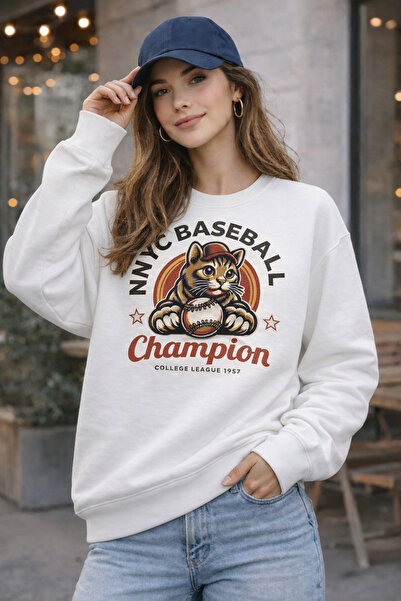 ArtYus Baseball Cat Printed Relaxed Fit Fleece-Lined 3 Thread Crewneck Sweats...