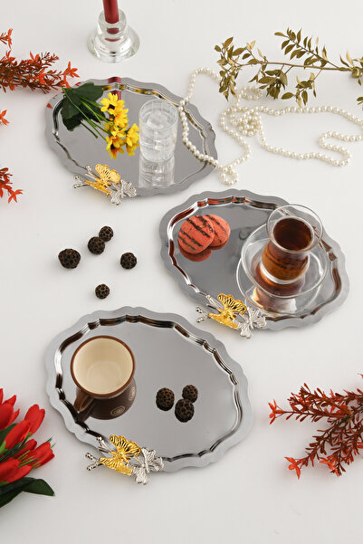 AKSESUAR EVRENİ Keveldi Silver 3-Piece Butterfly Detailed Oval Coffee Present...