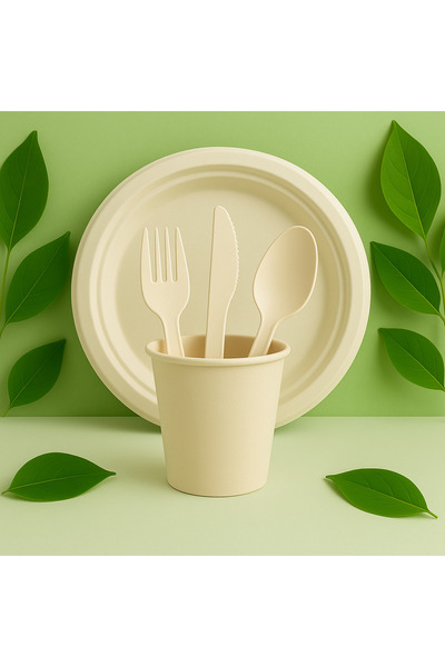 Ekolojik Ambalaj Doğa Dostu Piknik-Sofra Seti 50 Parça (10 ar Adet Tabak-Bard...