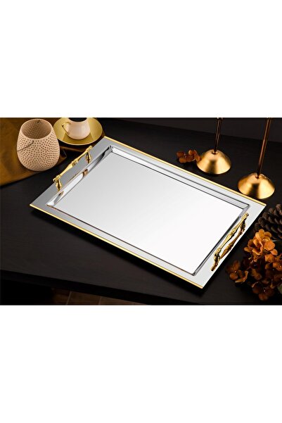 Çelik Tiamo Shereen Kordon Gold Kulplu Çay Tepsisi 47,5 × 32,5 cm | Şık ve Mo...