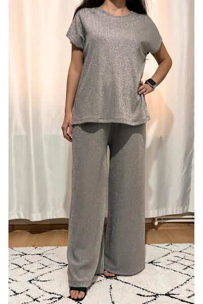 520CK Women's Gray Glitter Pants Blouse Bottom - Top Set