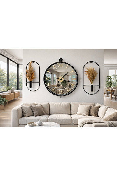 Mgs DUVAR SAATİ TİNATTİ BLACK BRONZ ROMA AYNALI SET -not: pampaslar dahil değ...