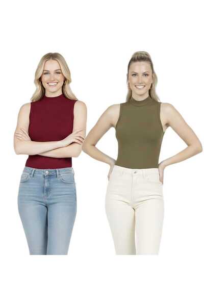 MODARENGİN 2-Pack Women's Half Turtleneck Sleeveless Fit Blouse-Casual Stylis...