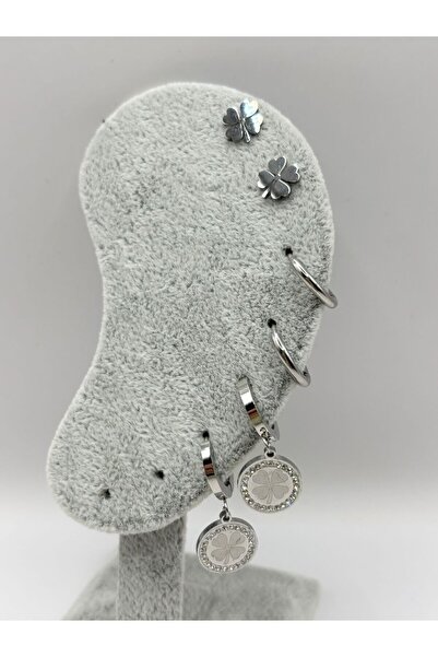 aurora dükkan Çelik Gümüş Renk Yoncalı Çoklu Küpe