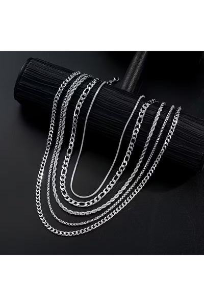 renery 5 ADET SET 316L Paslanmaz Çelik Kararmaz Bükümlü Zincir Kolye Seti, Se...